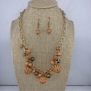 Gold & Natural Tone Adjustable Choker Necklace with Matching  Earrings